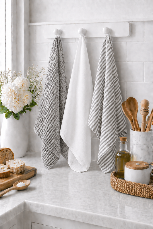 Pure French Linen Tea Towel - Grey Stripe