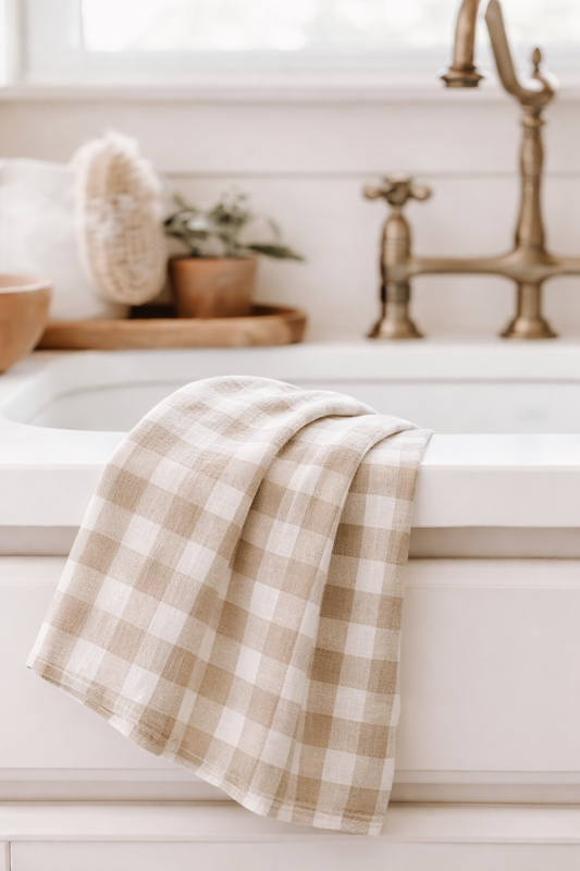 Pure French Linen Tea Towel - Natural Gingham