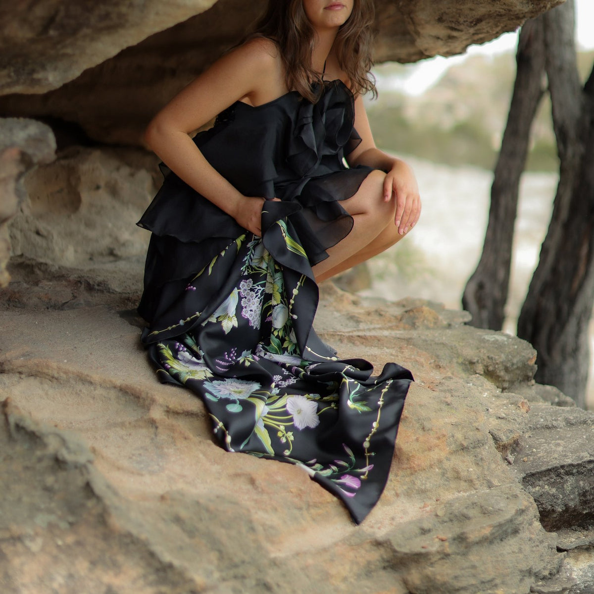 Florale Sonata Obsidian Silk Scarf